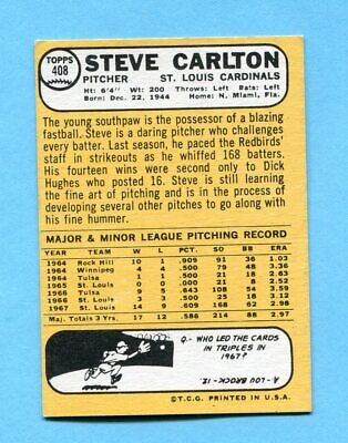 1968 Topps #408 Steve Carlton St. Louis Cardinals Baseball Card EX+  