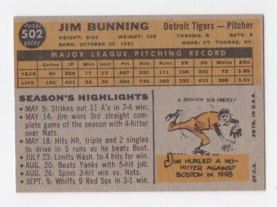 1960 Topps #502 Jim Bunning Detroit Tigers Baseball Card Ex/Mt