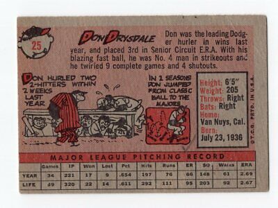 1958 Topps #25 Don Drysdale Los Angeles Dodgers Baseball Card Vg/Ex o/c ap crs