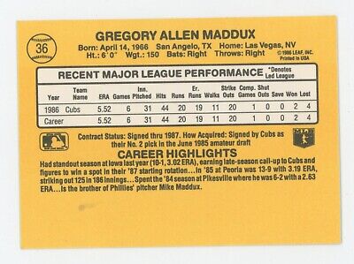 1987 Donruss #36 Greg Maddux Chicago Cubs Rookie Baseball Card NM