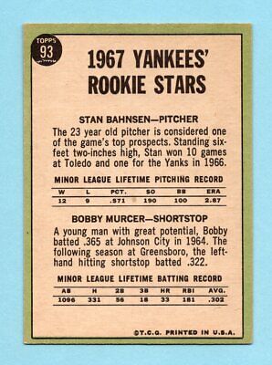 1967 Topps #93 NY Yankees Rookie Stars Murcer, Bahnsen Baseball Card NM 