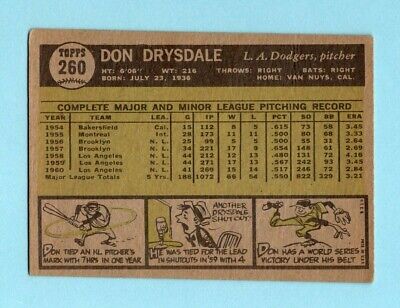 1961 Topps #260 Don Drysdale Los Angeles Dodgers Baseball Card EX dia shp