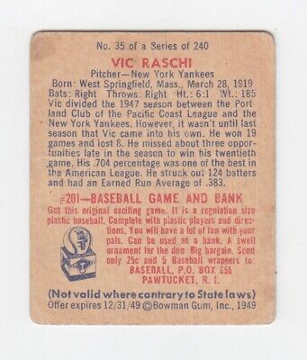 1949 Bowman #35 Vic Raschi New York Yankees Rookie Baseball Card Low Grade 