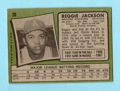 1971 Topps #20 Reggie Jackson Oakland A's Baseball Card EX o/c prt ln