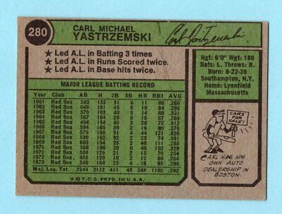 1974 Topps #280 Carl Yastrzemski Boston Red Sox Baseball Card EX o/c pmk bk 