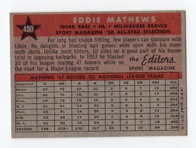 1958 Topps #480 Eddie Mathews All-Star Milwaukee Braves Baseball Card NM o/c