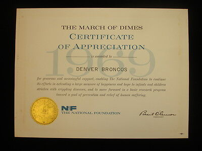 1969 Denver Broncos Certificiate of Appreciation from The National Foundation