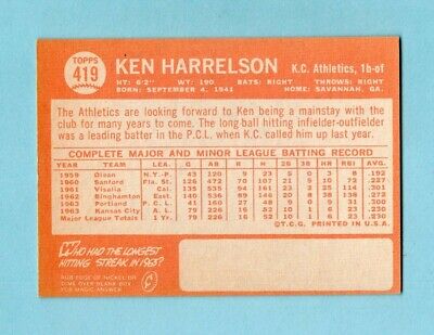 1964 Topps #419 Ken Harrelson KC Athletics Rookie Baseball Card Ex/Mt o/c      