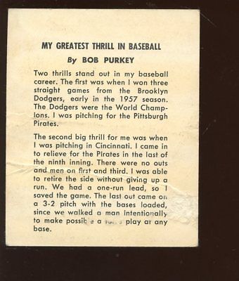 1958 Kahn's Wieners Baseball Card Robert Purkey