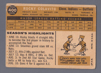 1960 Topps #400 Rocky Colavito Cleveland Indians Baseball Card Low Grade  