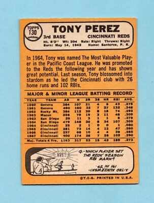 1968 Topps #130 Tony Perez Cincinnati Reds Baseball Card EX