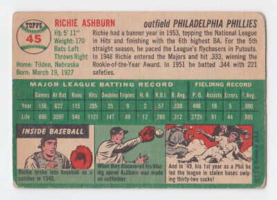 1954 Topps #45 Richie Ashburn Philadelphia Phillies Baseball Card VG lwf