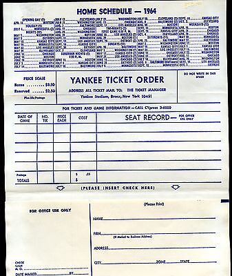 1964 New York Yankees Baseball Ticket Order Form