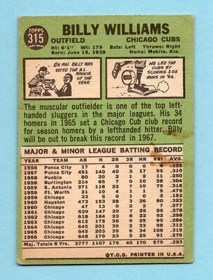 1967 Topps #315 Billy Williams Chicago Cubs Baseball Card Vg/Ex ap stains ft/bk