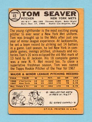 1968 Topps #45 Tom Seaver New York Mets Baseball Card VG+ ap lt cres  