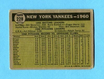 1961 Topps #228 New York Yankees Team Baseball Card Low Grade   