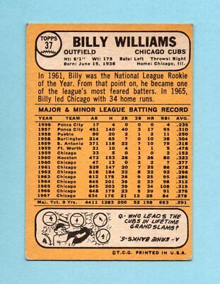 1968 Topps #37 Billy Williams Chicago Cubs Baseball Card EX