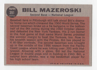 1962 Topps #391 Bill Mazeroski All-Star Pittsburgh Pirates Baseball Card Ex/Mt 