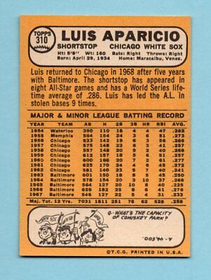 1968 Topps #310 Luis Aparicio Chicago White Sox Baseball Card NM  