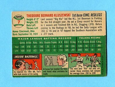 1954 Topps #7 Ted Kluszewski Cincinnati Reds Baseball Card EX o/c pm ind