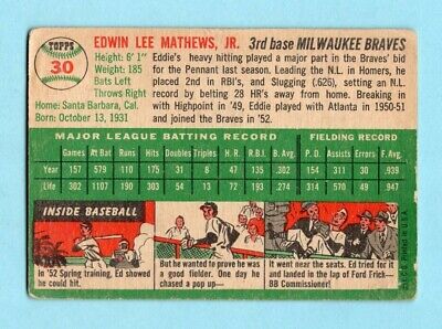 1954 Topps #30 Eddie Mathews Milwaukee Braves Baseball Card Good