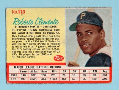 1962 Post Cereal #173 Roberto Clemente Pittsburgh Pirates Baseball Card  