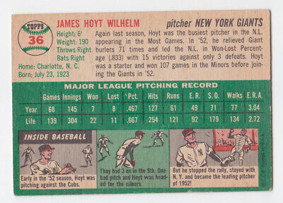 1954 Topps #36 Hoyt Wilhelm New York Giants Baseball Card EX