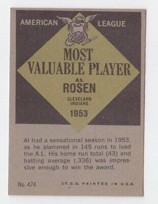 1961 Topps #474 Al Rosen MVP Cleveland Indians Baseball Card NM  