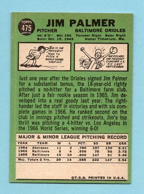 1967 Topps #475 Jim Palmer Baltimore Orioles Baseball Card Ex/Mt o/c    