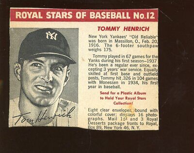 1950/1952 Royal Desserts / Pudding Baseball Card #12 Tommy Henrich NY Yankees