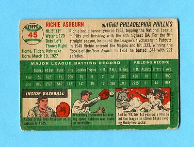 1954 Topps #45 Richie Ashburn Philadelphia Phillies Baseball Card Low Grade