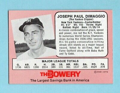 1972 Bowery Bank Joe DiMaggio New York Yankees Baseball Card Ex/Mt 