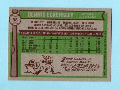 1976 Topps #98 Dennis Eckersley Cleveland Indians Rookie Baseball Card EX+