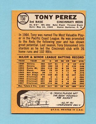 1968 Topps #130 Tony Perez Cincinnati Reds Baseball Card NM o/c