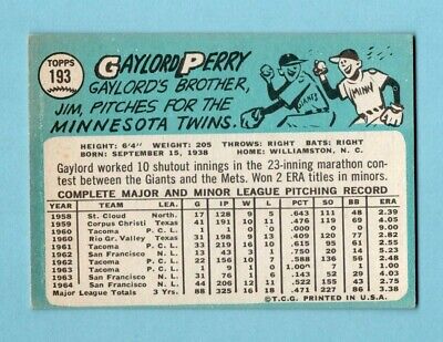 1965 Topps #193 Gaylord Perry San Francisco Giants Baseball Card EX    