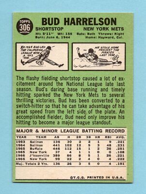 1967 Topps #306 Bud Harrelson New York Mets Rookie Baseball Card NM o/c 