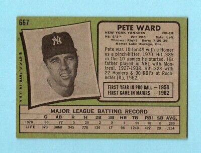 1971 Topps #667 Pete Ward New York Yankees High Number Baseball Card Ex/Mt