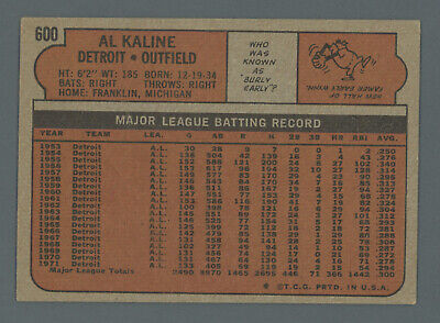 1972 Topps #600 Al Kaline Detroit Tigers Semi-High Number Baseball Card Vg/Ex  