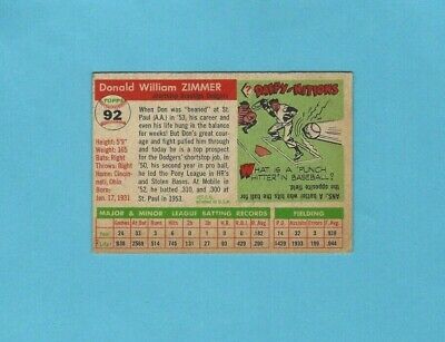 1955 Topps #92 Don Zimmer Brooklyn Dodgers Rookie Baseball Card EX w/stains