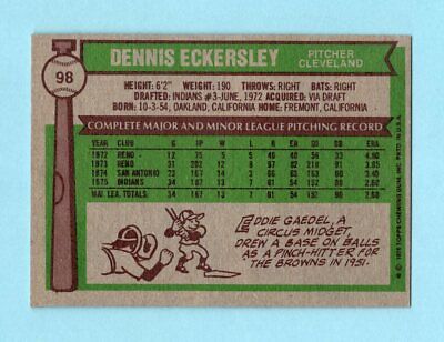 1976 Topps #98 Dennis Eckersley Cleveland Indians Rookie Baseball Card NM pt mks