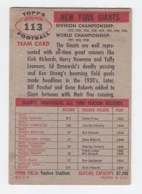 1956 Topps #113 New York Giants Team Football Card EX wrk