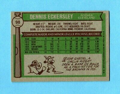 1976 Topps #98 Dennis Eckersley Cleveland Indians Rookie Baseball Card Ex/Mt 