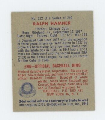 1949 Bowman #212 Ralph Hamner Chicago Cubs High Number Baseball Card Ex/Mt  