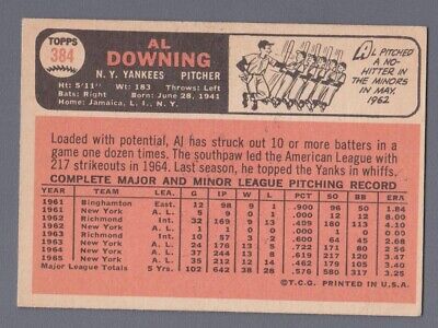 1966 Topps #384 Al Downing New York Yankees Baseball Card EX