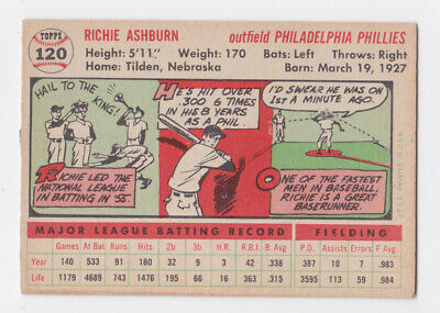 1956 Topps #120 Richie Ashburn Philadelphia Phillies Baseball Card EX ap wkch