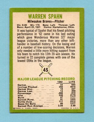 1963 Fleer #45 Warren Spahn Milwaukee Braves Baseball Card EX ap lht cres bl   