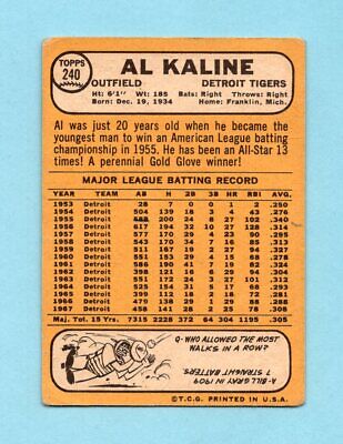 1968 Topps #240 Al Kaline Detroit Tigers Baseball Card Low Grade    