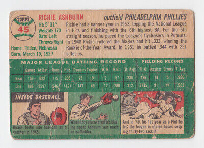 1954 Topps #45 Richie Ashburn Philadelphia Phillies Baseball Card Low Grade