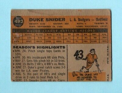 1960 Topps #493 Duke Snider Los Angeles Dodgers Baseball Card Low Grade 