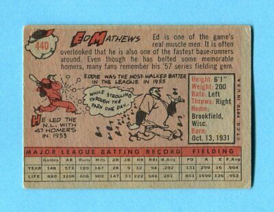 1958 Topps #440 Eddie Mathews Milwaukee Braves Baseball Card Vg/Ex cres tl